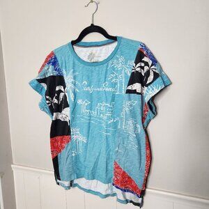 PILCRO Anthropologie Blue Tropical Print Cotton Tee